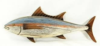 Tuna Fish Rustic Wood W Metal Fins Hand