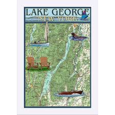 Lake George New York Lake Chart Lantern Press Artwork 12x18 Giclee Art Print Gallery Framed White Wood