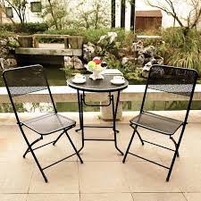 3 Piece Metal Folding Outdoor Patio Bistro Set With Folding Patio Round Table And Chairs In Black