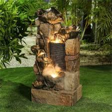 Luxen Home Cement Hibiscus Flowers Outdoor Fountain With Led Light Brown