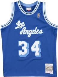 This is the original of all the jerseys for the los angeles lakers, the powder blue uniforms with the gold lettering. Mitchell Ness 1996 97 L A Lakers 34 Shaquille O Neal Blue Jersey Incorporated Style