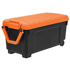 Lidded options also make the contents more portable since they're enclosed in the bin, and lids can latch or just snap on for different security levels. Iris Usa 169 Quart Stor It All Rolling Storage Tote With Handle Black With Orange Lid 585775 At Tractor Supply Co
