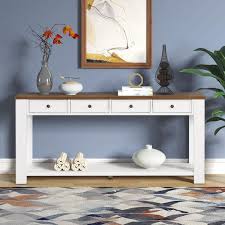 63 In Antique White And Brown Top Rectangle Pine Wood Console Table Sofa Table With 4 Drawers And 1 Bottom Shelf