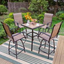 Phi Villa Black 5 Piece Metal Square Outdoor Patio Bar Set With Wood Look Bar Table And Swivel Bistro Chairs