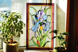 Purple Iris Stained Glass Window Panel