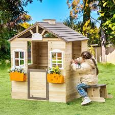 Outsunny Wooden Kids Playhouse Outdoor