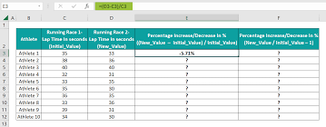 percene change formula in excel