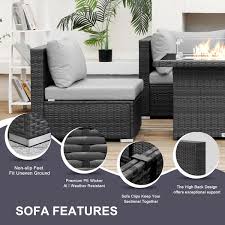 Nicesoul Luxury 7 Piece Charcoal Wicker Patio Fire Pit Conversation Sectional Deep Seating Sofa Set With Light Grey Cushions