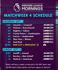 · live sports tv schedule for saturday, january 18, 2020 provides dates, game times, tv channels. Premier League Tv Schedule Week 4 Prosoccertalk Nbc Sports
