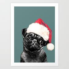 christmas black pug green art print by