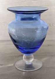 Ftd Blue Etched Glass Pedestal Vase 9