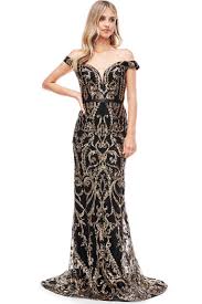 off shoulder black gold sequenced dress