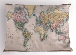 Lunarable World Map Pillow Sham Original Old Hand Colored Map Of The World Anthique Chart For Old Emperors Print Decorative Standard Queen Size