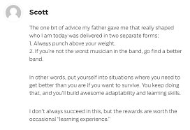 what did you learn from your parents the best iwt reader answers your father s a wise man scott he also echoed a few mantras that another wise man likes to harp on i e me punching above your weight class is