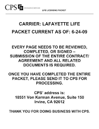 Charity, npo's, social organizations, boys & girls clubs and head start. Carrier Lafayette Life Packet Current As Of 6 24 09 Cps Insurance