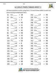 Free Multiplication Worksheets 6 7 8 9 Times Tables 3 Free