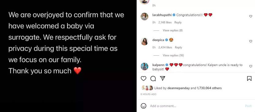 Priyanka Chopra, Nick Jonas welcome their first child via  surrogacy