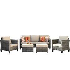 Megon Holly Gray 5 Piece Wicker Outdoor Patio Conversation Seating Sofa Set With Beige Cushions