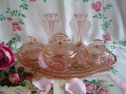 Art Deco Pink Glass Dressing Table Set