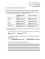 fast food nutrition web quest hunt
