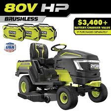 ryobi 80v hp brushless 46 in battery electric cordless riding lawn tractor with 3 80v 10ah batteries and charger