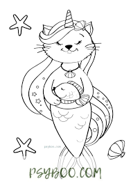 Kitten with striped tail and paws. Mermaid Cat Unicorn Coloring Page Free Printable Pdf