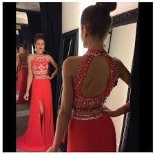 Vestidos De Fiesta Fashion 2016 2 Pieces Prom Dresses High Neck Floor Length Crystal Beads Off Shoulder Chiffon Evening Dress