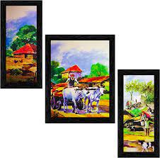 Amazon.com: Indianara Set of 3 Indian Village Framed Art Painting (3571BK)  without glass 6 X 13, 10.2 X 13, 6 X 13 INCH: Paintings