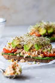 open faced tuna sandwich with avocado