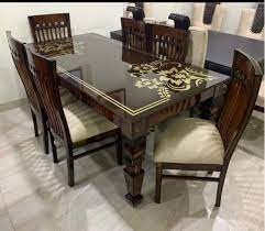 Glass Top Wooden 6 Seater Dining Table
