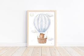 Watercolor Bear In Blue Hot Air Balloon