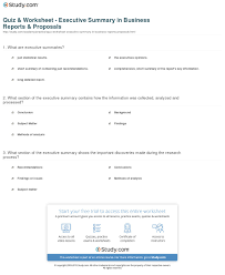 Quiz Worksheet Executive Summary In Business Reports Proposals