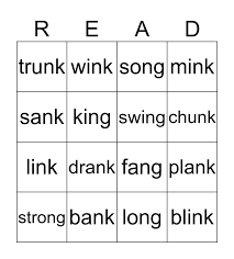 Complete and read the 'nk' words. Ng And Nk Words Bingo Card