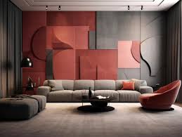 Gray Couch And A Red And Black Wall