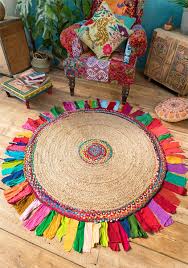 jute round rug recycled cotton rainbow