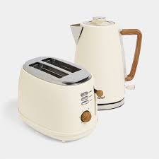 cream wood kettle toaster set