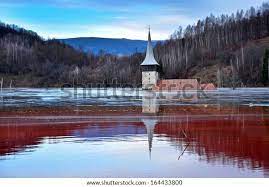 A Flooded Church In A Toxic Red Lake Stock Photo Image Of Chemical  gambar png