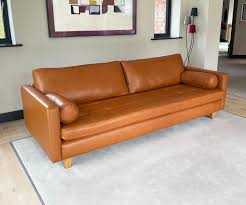 mid century tan brown leather 3 seater