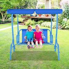 Clihome Outdoor Kids Patio Swing Bench With Canopy 2 Seats Blue