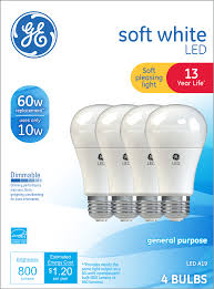 Ge Led 10w 60w Equivalent Soft White General Purpose Light Bulbs A19 Bulb Shape Medium Base 13 Year Life Dimmable 4pk Walmart Com Walmart Com