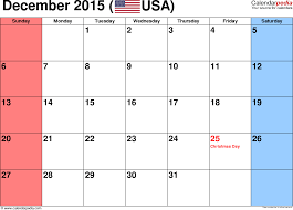 December 2015 Calendars For Word Excel Pdf