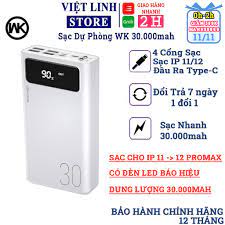 Pin sạc dự phòng 30000mah WK 175, đèn led hiển thị pin, 4 cổng USB đa năng,  hàng chính hãng - Việt Linh Store giá cạnh tranh