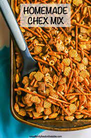 homemade chex mix family food on the
