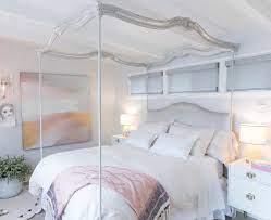 Chrome finish metal canopy bed with upholstered headboard insert upholstery options include white linen, dark grey linen, or black bonded leather mattress and box spring are required for use, but not included full bed measures. Aria Queen Canopy Bed White Lilac Inc