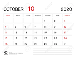 October 2020 Year Template Calendar 2020 Vector Desk Calendar