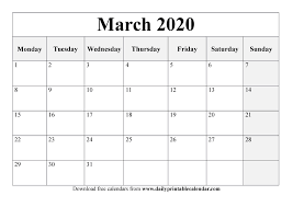March 2020 Calendar Printable Blank Templates 2020 Calendar