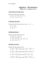 algebra worksheet junior cert