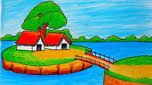 riverside village scenery drawing with