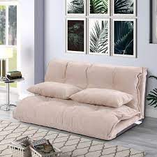 Beige Polyester Upholstered Adjustable Folding Futon Sofa Chaise Lounge With 2 Pillows