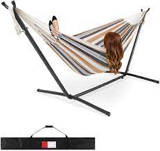 It's designed for easy assembly, taking around 10 minutes to erect. Amazon Com Best Choice Products 2 Person Indoor Outdoor Brazilian Style Cotton Double Hammock Bed W Carrying Bag Steel Stand Desert Stripes Garden Outdoor